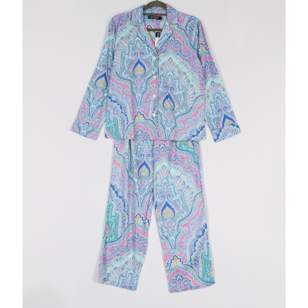 Lauren Ralph Lauren Pajama Set Women XS Blue Paisley Gift Boho Holiday $74 NWT